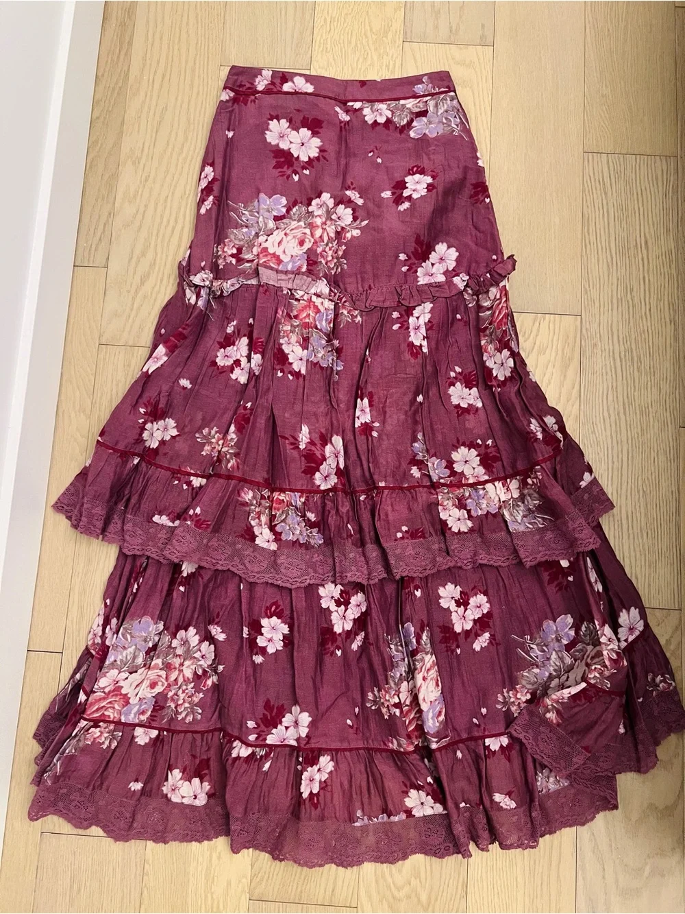 LoveShackFancy Floral Tiered Midi Skirt in Mauve
